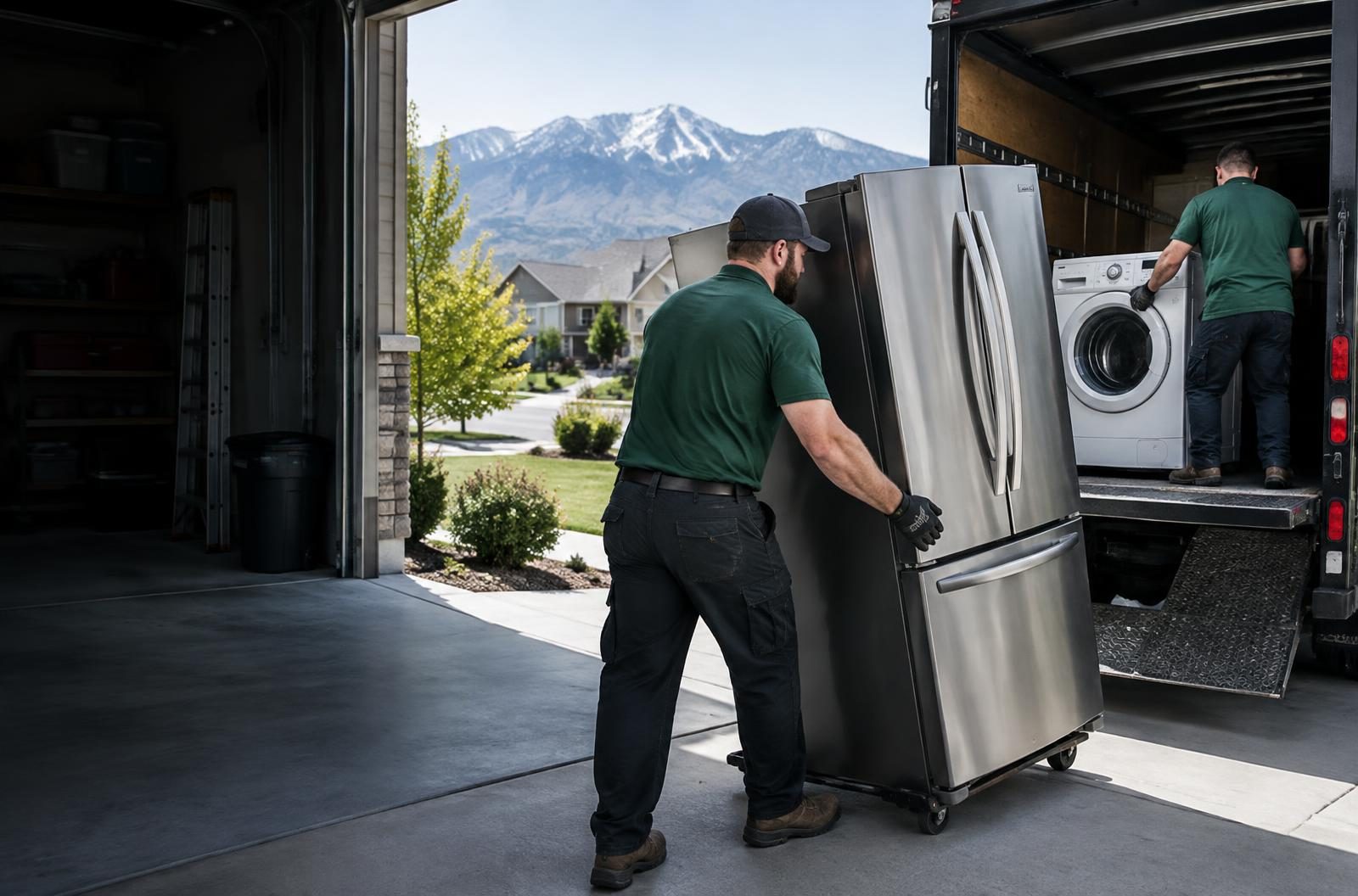Crew loading a refrigerator and washer for appliance removal in Utah County