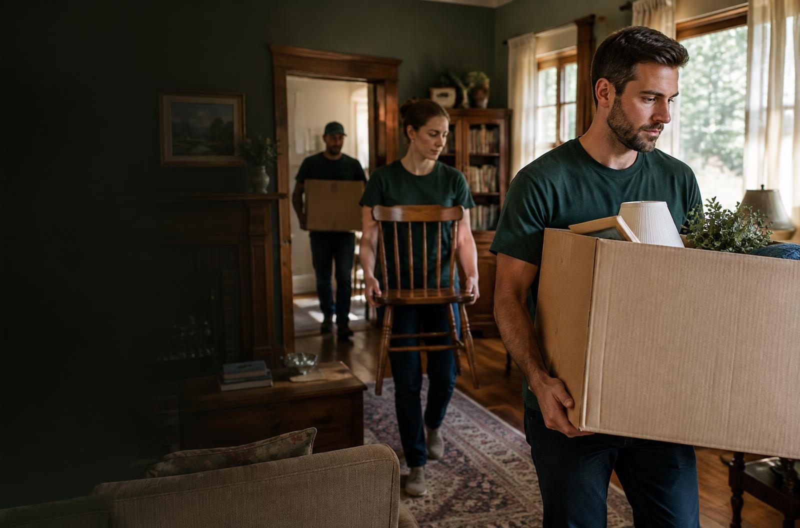 Respectful crew carrying boxed belongings during an estate cleanout in Utah County