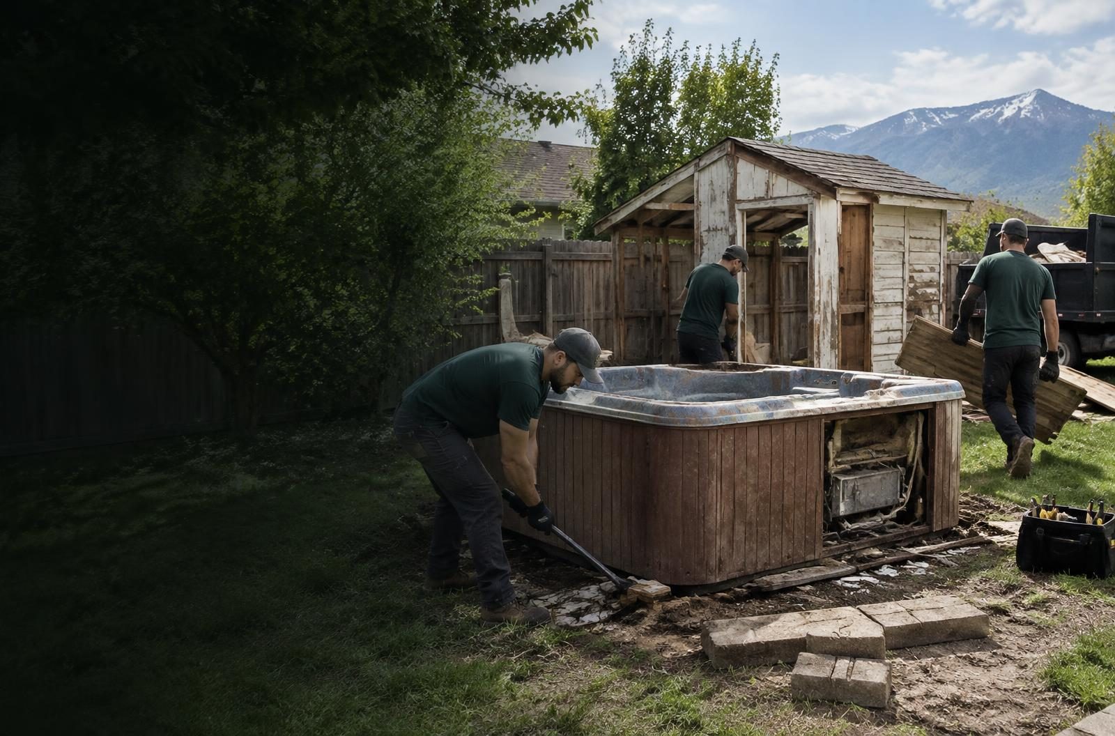 Crew dismantling an old hot tub and shed in a Utah County backyard