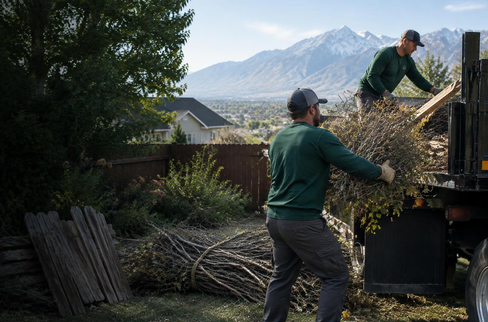 Crew loading branches and yard waste into a truck in Utah County